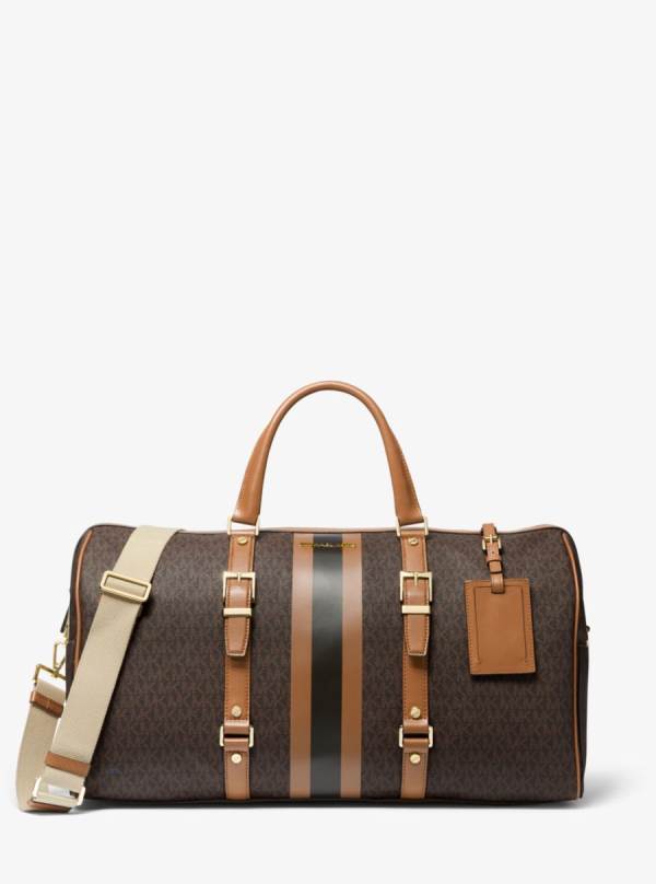 Damske Cestovné Tašky Michael Kors Bedford Travel Extra-Large Logo Stripe Weekender Čokoláda Žlté - Kabelky Michael Kors Obchod | QJDCM-3192